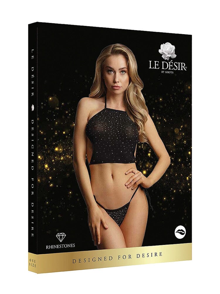 Festive Rhinestone Black Crop Top and Thongs Set O/S - Image 2