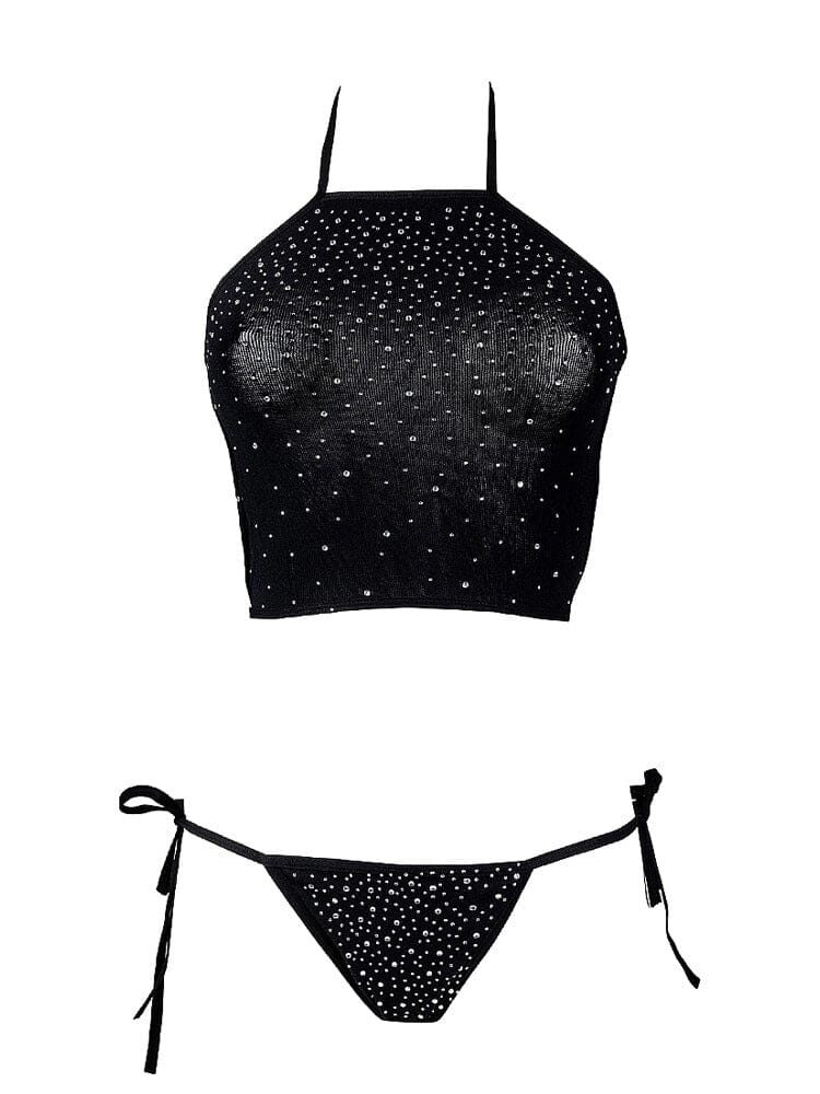 Festive Rhinestone Black Crop Top and Thongs Set O/S - Image 3