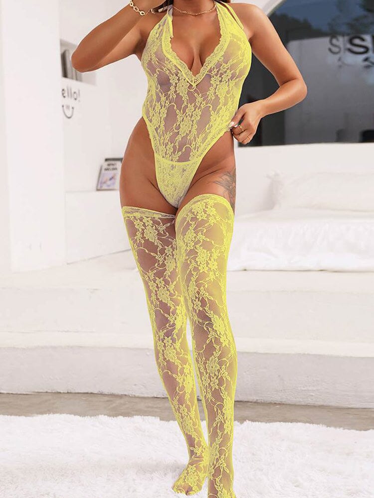 Halter V Neckline Teddy with the Stockings - Yellow OS