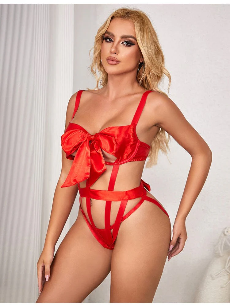Hollow Out Bow Tie Bodysuit - Red 1X/2X - Image 2