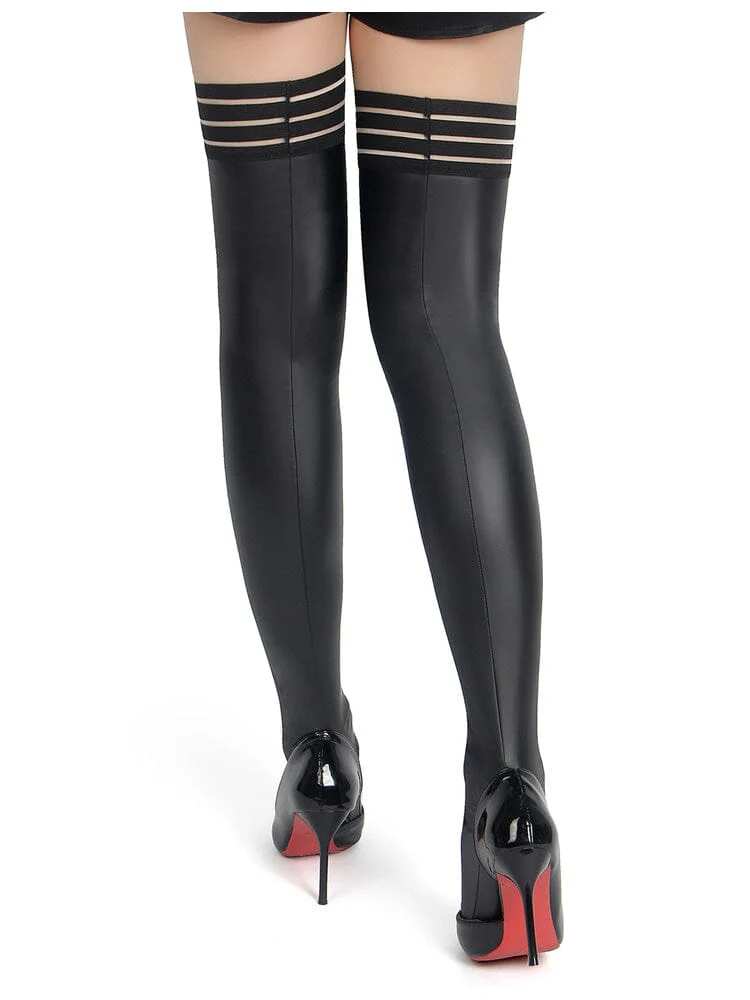 Leather Striped Elastic Stockings - Black OS - Image 2