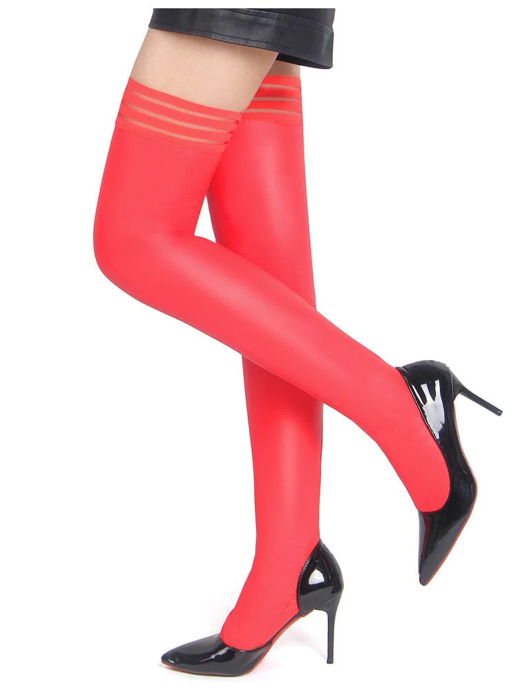 Matte Leather Striped Elastic Stockings - Red OS - Image 2