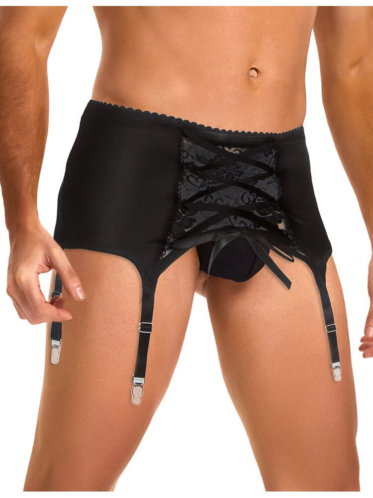 Men's Garter Panty With Lace Straps - Black M - Image 2