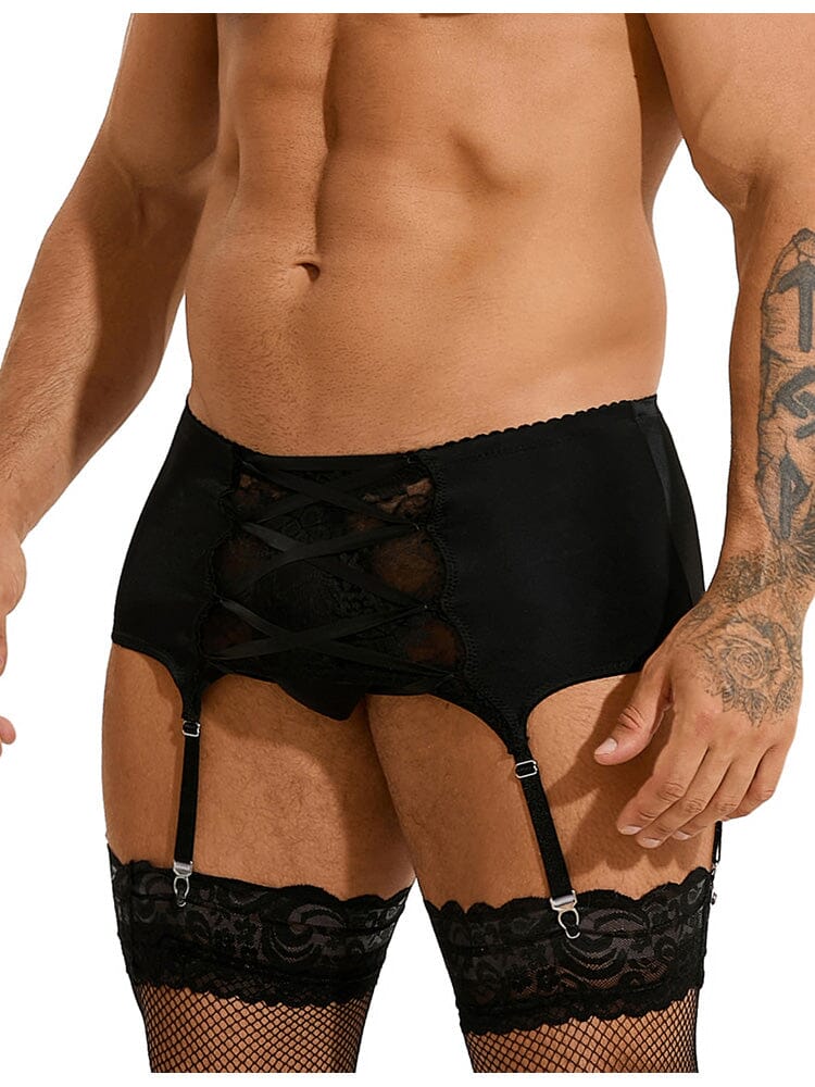 Men's Garter Panty With Lace Straps - Black XL