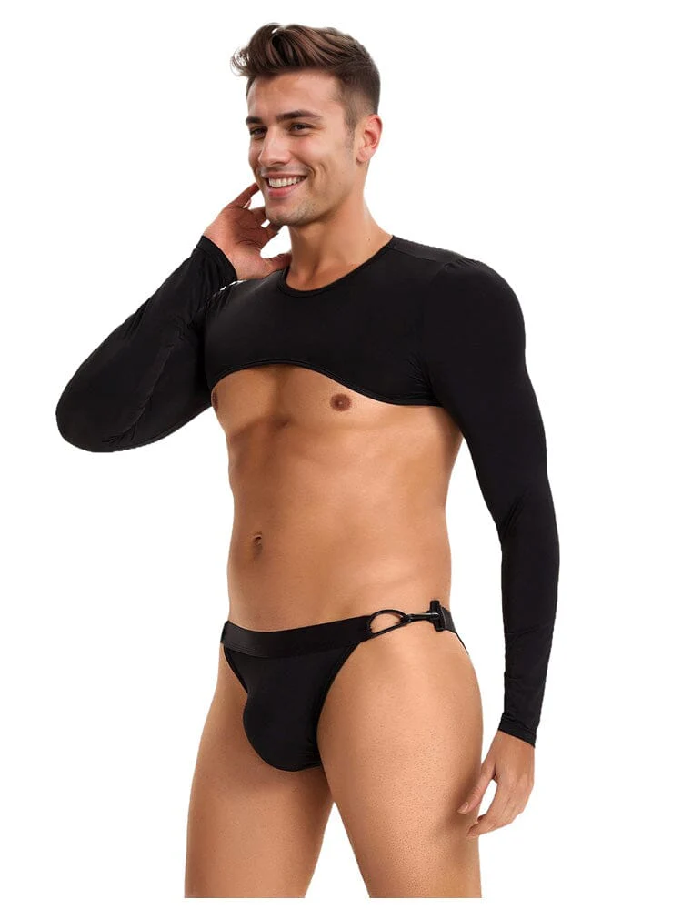 Men's Ice Silk Long Sleeves Crop Top With Thongs - Black L/XL - Image 2