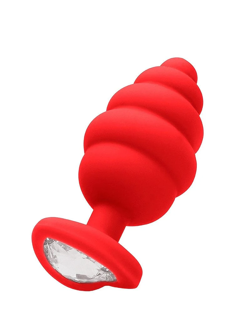 OUCH! Large Ribbed Red Diamond Heart Jewel Butt Plug