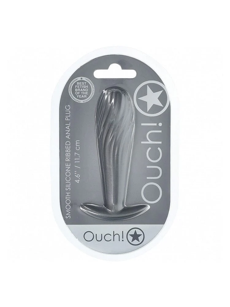 OUCH! Ribbed Metallic Gun Metal Silicone Anal Plug - Image 2