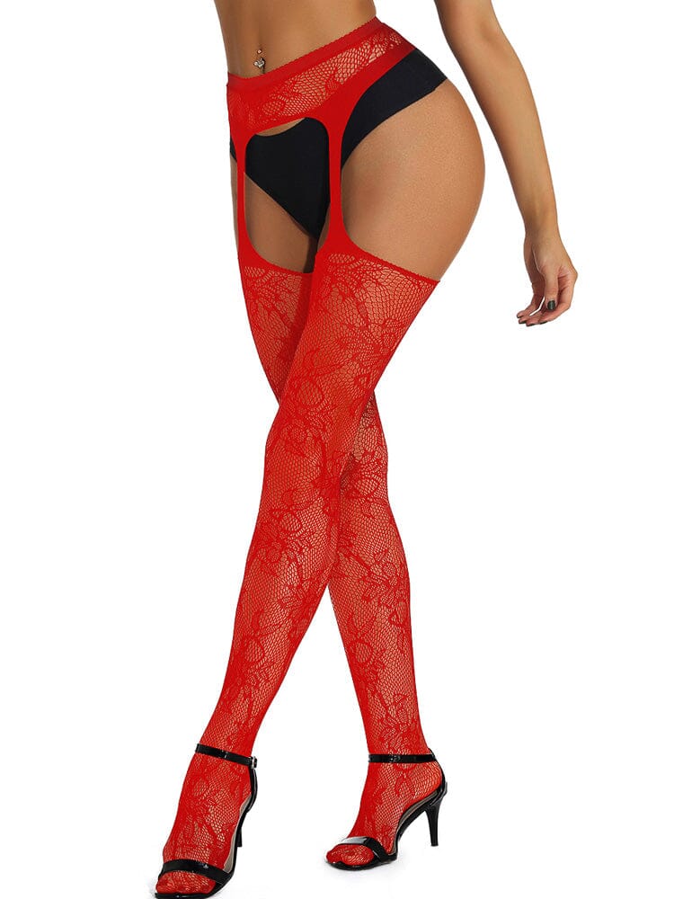 Sexy Floral Fishnet Pantyhose Tights - Red OS