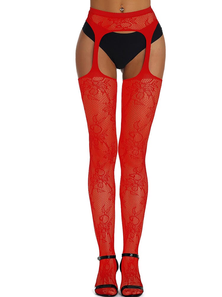 Sexy Floral Fishnet Pantyhose Tights - Red OS - Image 2