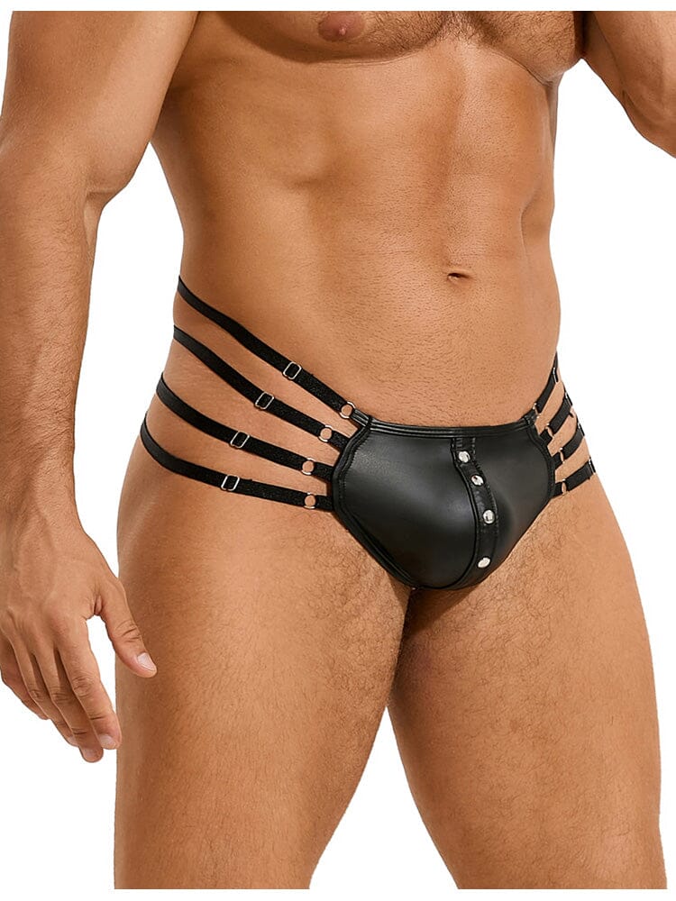 Sexy Leather Adjustable Elastic Bands Men's Thong - Black L/XL - Image 2