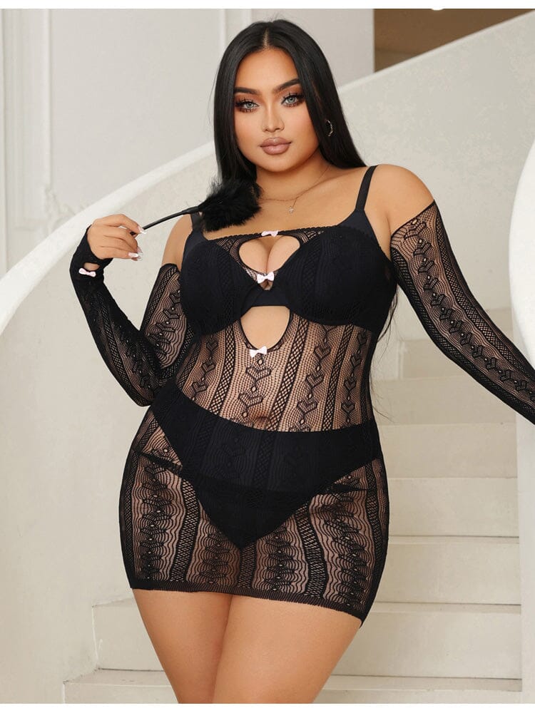 Sexy Long Sleeves Hollow Out Bow Bodystocking - Black OSXL - Image 3