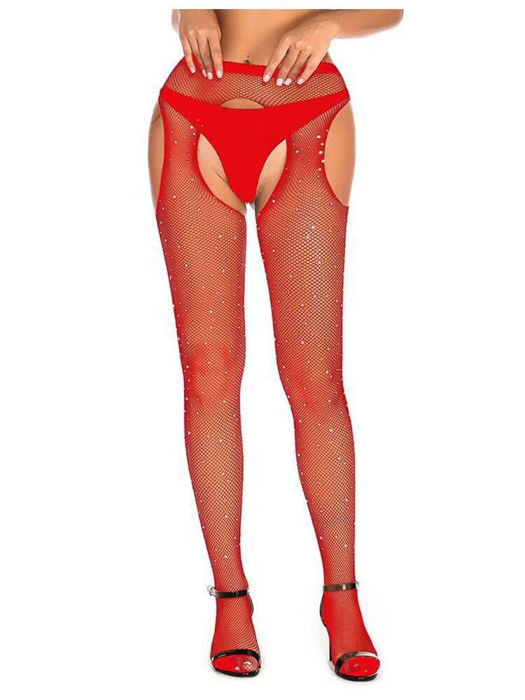 Sexy Rhinestone Crotchless Fishnet Pantyhose - Red OS - Image 3