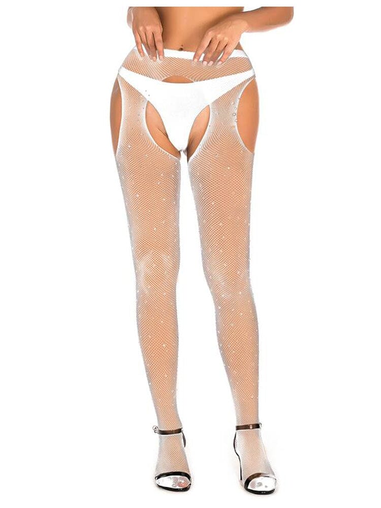 Sexy Rhinestone Crotchless Fishnet Pantyhose - White OS - Image 3
