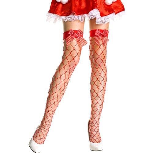 Stripes N Bows Spandex Fence Net Thigh Hi - Red - O/S